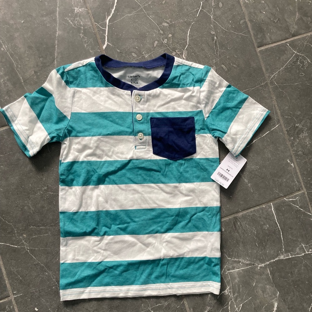Carter's Aqua and White Striped Tee with Navy Pocket